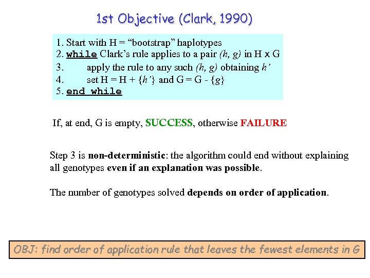 1 st Objective (Clark, 1990) 1. Start with H = “bootstrap” haplotypes 2. while