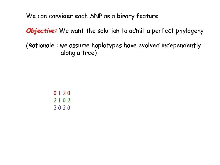 We can consider each SNP as a binary feature Objective: We want the solution
