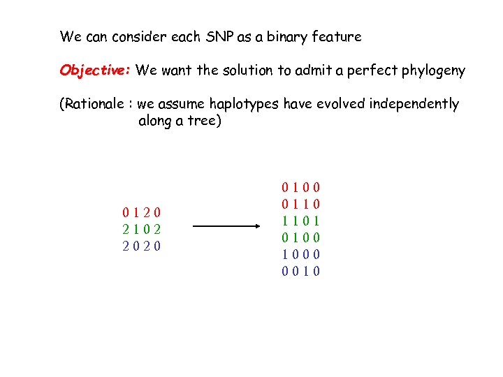 We can consider each SNP as a binary feature Objective: We want the solution