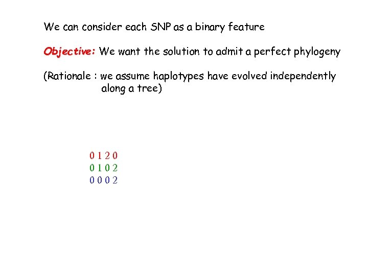 We can consider each SNP as a binary feature Objective: We want the solution
