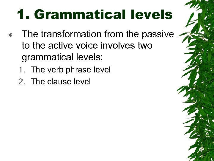 1. Grammatical levels The transformation from the passive to the active voice involves two