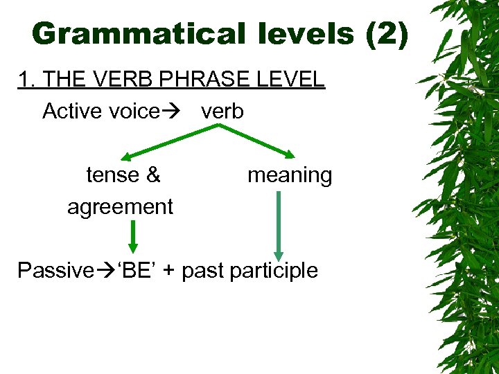 Grammatical levels (2) 1. THE VERB PHRASE LEVEL Active voice verb tense & agreement