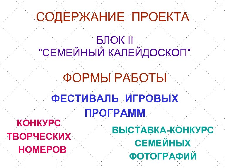 СОДЕРЖАНИЕ ПРОЕКТА БЛОК II "СЕМЕЙНЫЙ КАЛЕЙДОСКОП" ФОРМЫ РАБОТЫ ФЕСТИВАЛЬ ИГРОВЫХ ПРОГРАММ КОНКУРС ТВОРЧЕСКИХ НОМЕРОВ