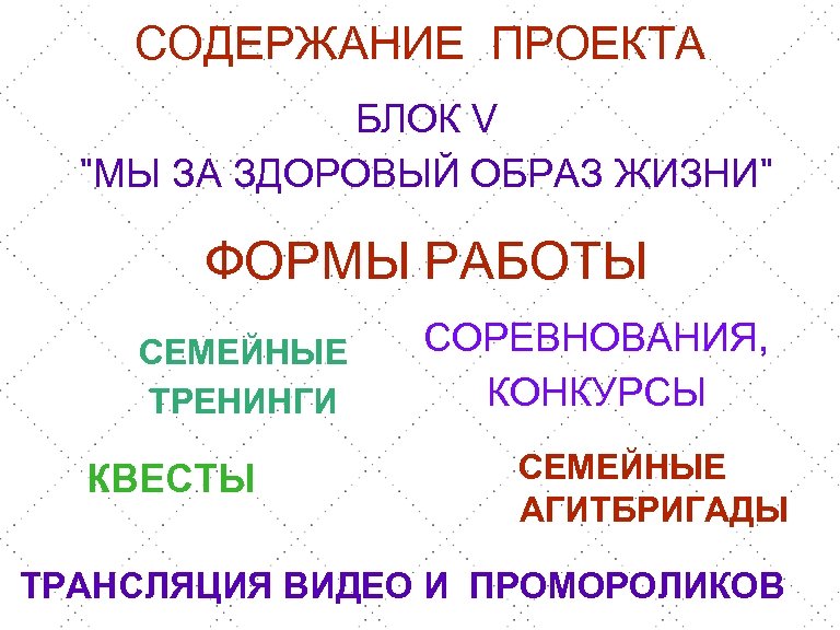 СОДЕРЖАНИЕ ПРОЕКТА БЛОК V "МЫ ЗА ЗДОРОВЫЙ ОБРАЗ ЖИЗНИ" ФОРМЫ РАБОТЫ СЕМЕЙНЫЕ ТРЕНИНГИ КВЕСТЫ