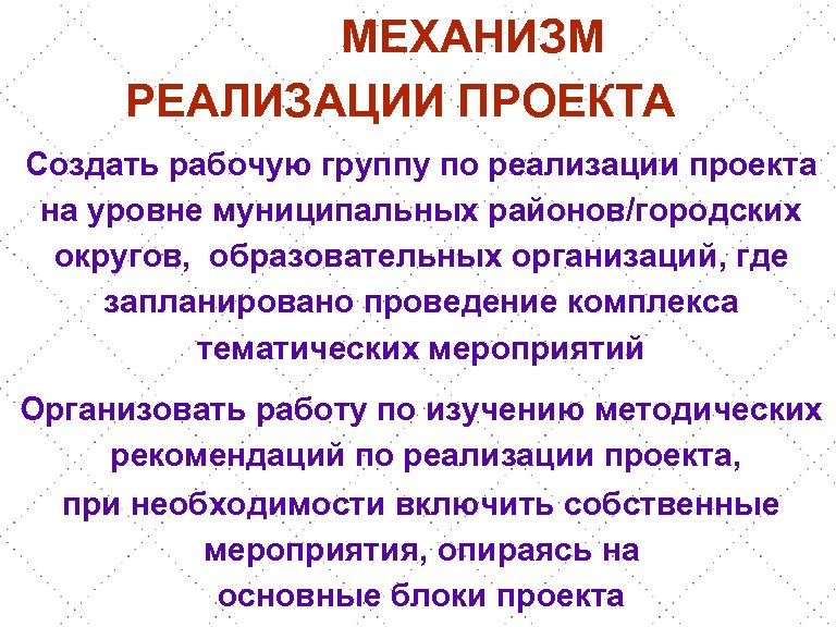 МЕХАНИЗМ РЕАЛИЗАЦИИ ПРОЕКТА Создать рабочую группу по реализации проекта на уровне муниципальных районов/городских округов,