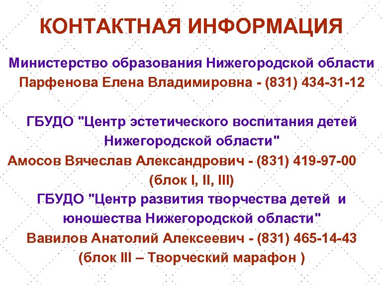 КОНТАКТНАЯ ИНФОРМАЦИЯ Министерство образования Нижегородской области Парфенова Елена Владимировна - (831) 434 -31 -12