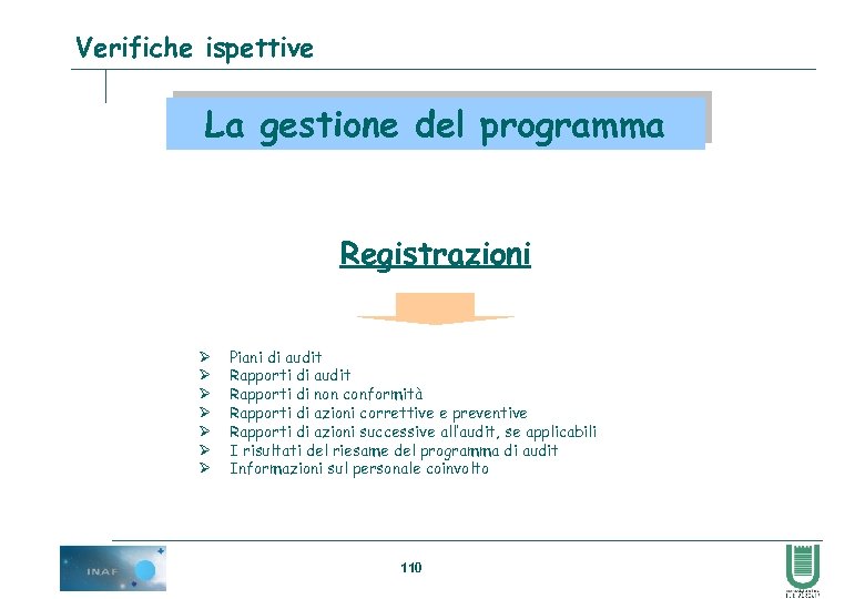Verifiche ispettive La gestione del programma Registrazioni Ø Ø Ø Ø Piani di audit