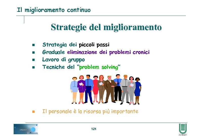 Il miglioramento continuo Strategie del miglioramento n Strategia dei piccoli passi Graduale eliminazione dei