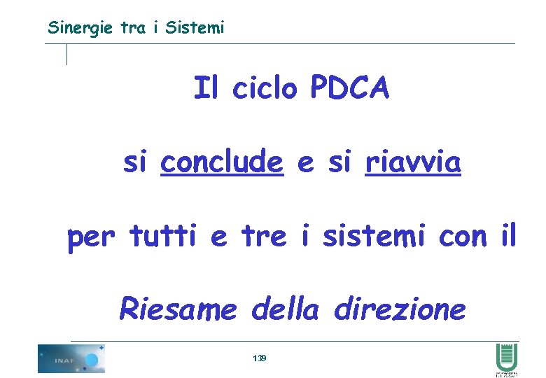 Sinergie tra i Sistemi Il ciclo PDCA si conclude e si riavvia per tutti