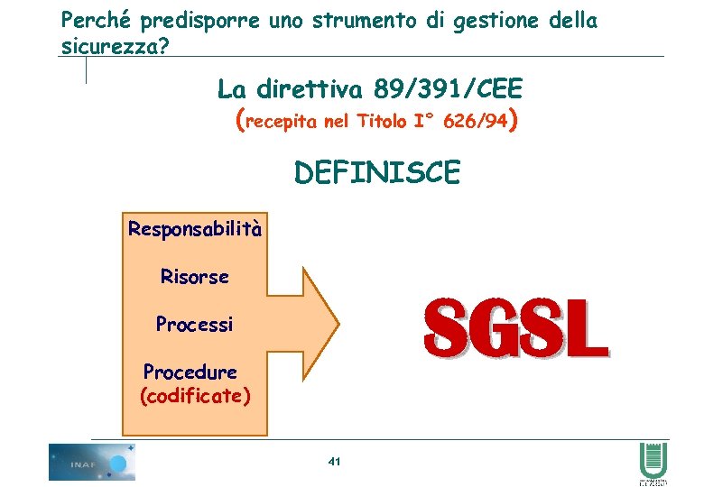 Perché predisporre uno strumento di gestione della sicurezza? La direttiva 89/391/CEE (recepita nel Titolo