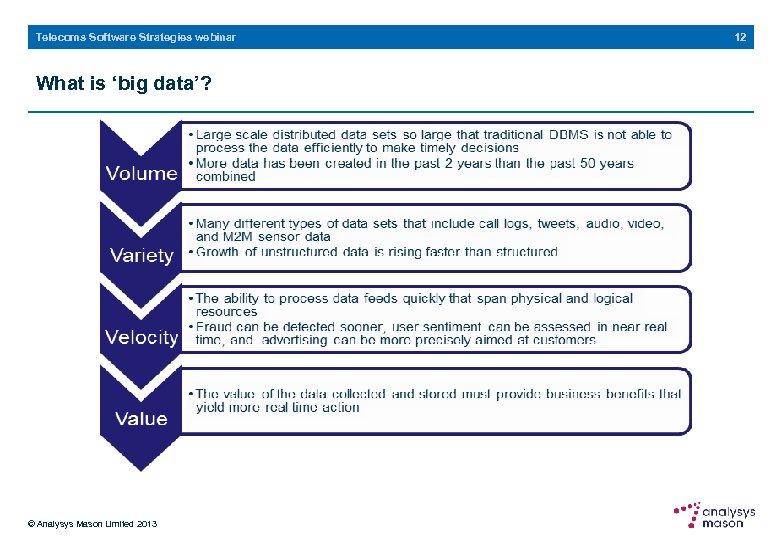 Telecoms Software Strategies webinar What is ‘big data’? © Analysys Mason Limited 2013 12