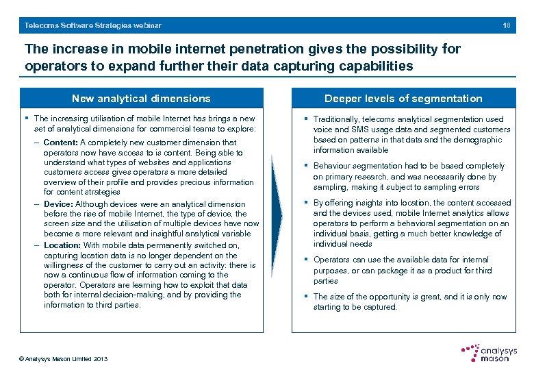 18 Telecoms Software Strategies webinar The increase in mobile internet penetration gives the possibility