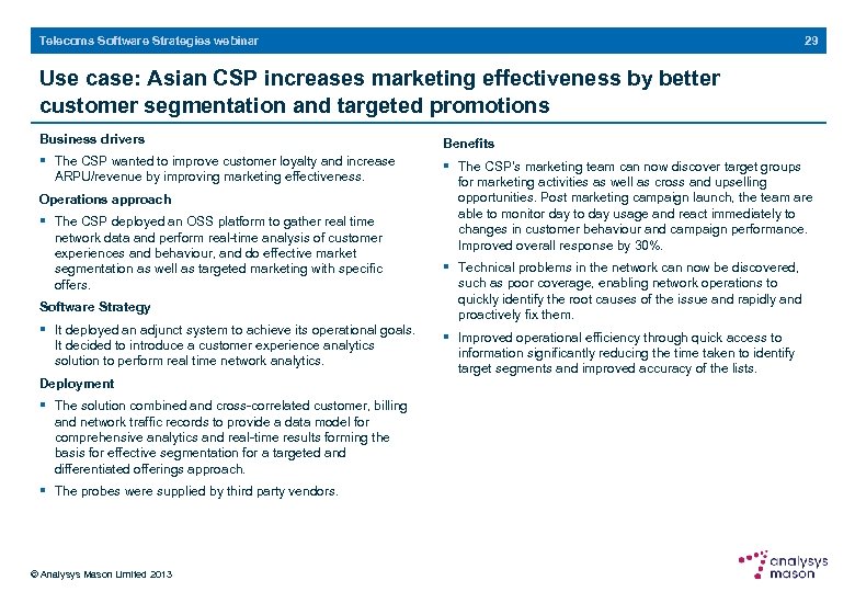 29 Telecoms Software Strategies webinar Use case: Asian CSP increases marketing effectiveness by better