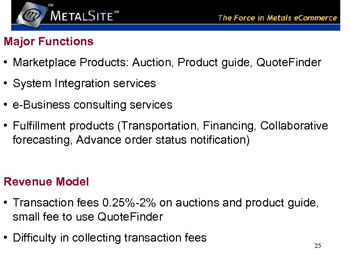 Major Functions • Marketplace Products: Auction, Product guide, Quote. Finder • System Integration services
