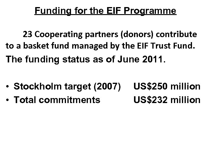 Funding for the EIF Programme 23 Cooperating partners (donors) contribute to a basket fund
