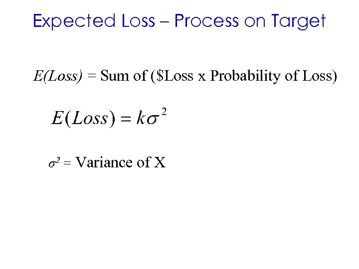 Expected Loss – Process on Target E(Loss) = Sum of ($Loss x Probability of