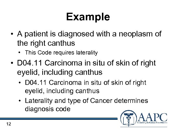 Example • A patient is diagnosed with a neoplasm of the right canthus •