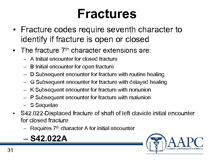 Fractures • Fracture codes require seventh character to identify if fracture is open or