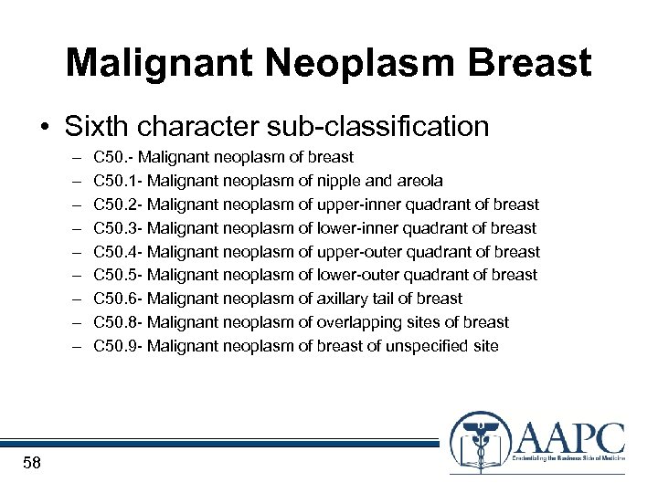 Malignant Neoplasm Breast • Sixth character sub-classification – – – – – 58 C