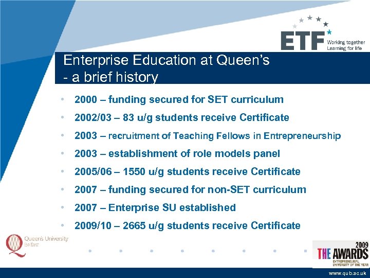 Enterprise Education at Queen’s - a brief history • 2000 – funding secured for