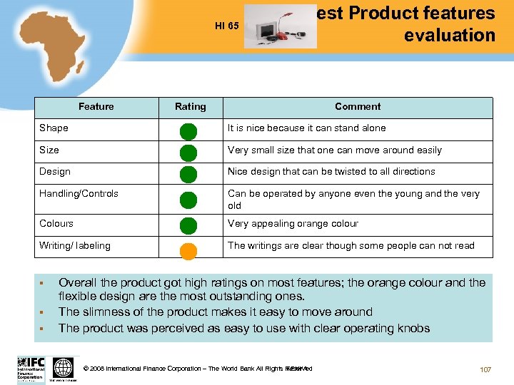 HI 65 Feature Test Product features evaluation Rating Comment Shape It is nice because