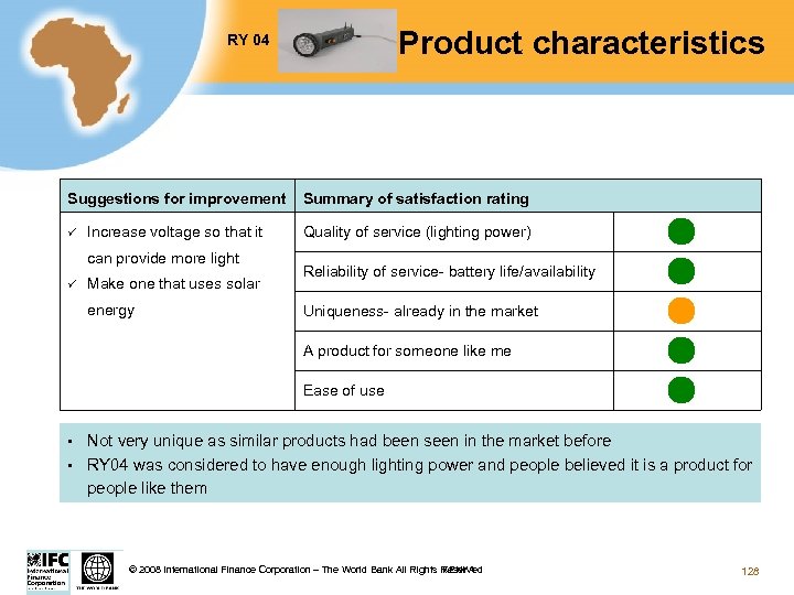 RY 04 Test Product characteristics Suggestions for improvement Summary of satisfaction rating Increase voltage