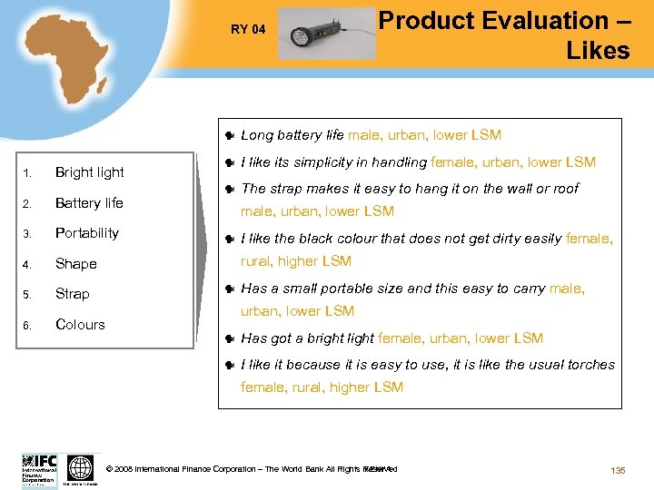 RY 04 Test Product Evaluation – Likes 1. Bright light 2. Battery life 3.