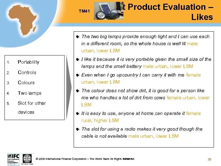 TM 41 Test Product Evaluation – Likes 2. Controls 3. Two lamps 5. Even