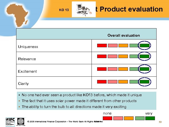 KO 13 Test Product evaluation Overall evaluation Uniqueness Relevance Excitement Clarity § No one