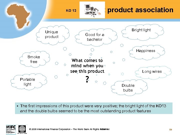 Test product association KO 13 Unique product Bright light Good for a bachelor Happiness