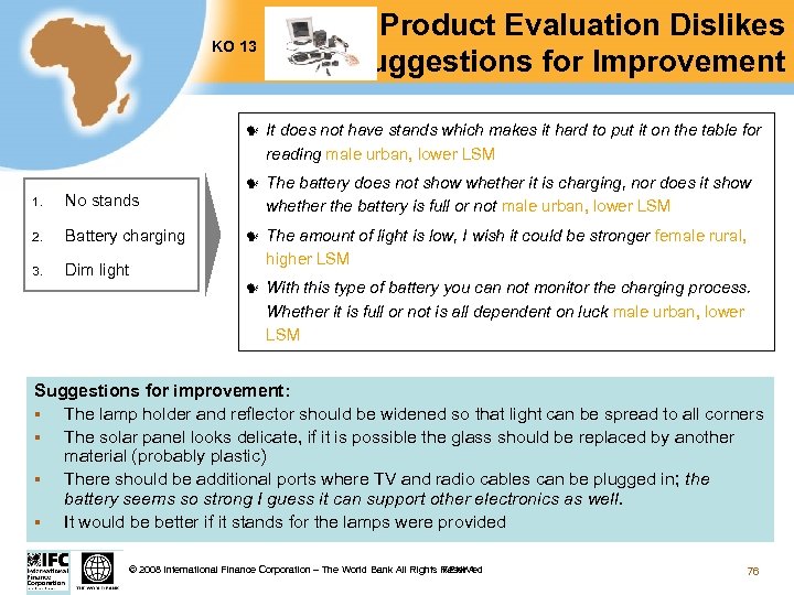 KO 13 Test Product Evaluation Dislikes & Suggestions for Improvement Battery charging 3. The