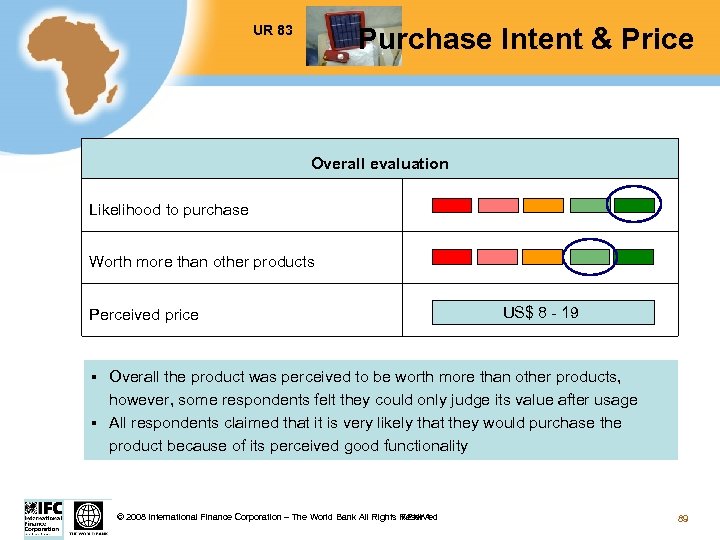Purchase Intent & Price UR 83 Overall evaluation Likelihood to purchase Worth more than