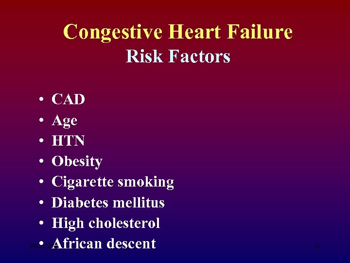 Congestive Heart Failure Risk Factors • CAD • Age • HTN • Obesity •