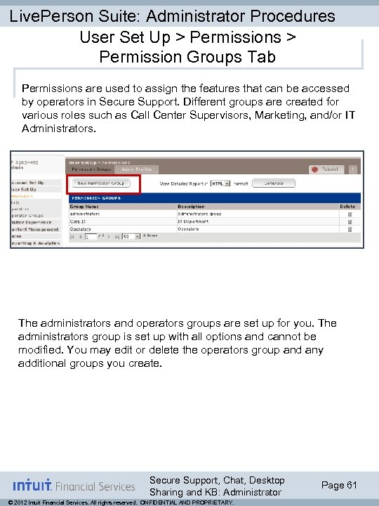 Live. Person Suite: Administrator Procedures User Set Up > Permissions > Permission Groups Tab