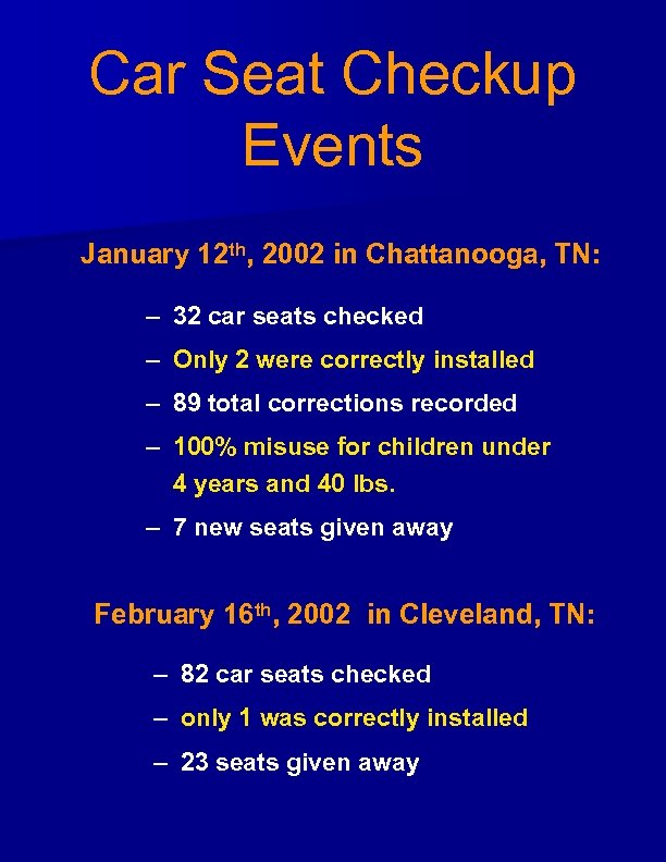 Car Seat Checkup Events January 12 th, 2002 in Chattanooga, TN: – 32 car