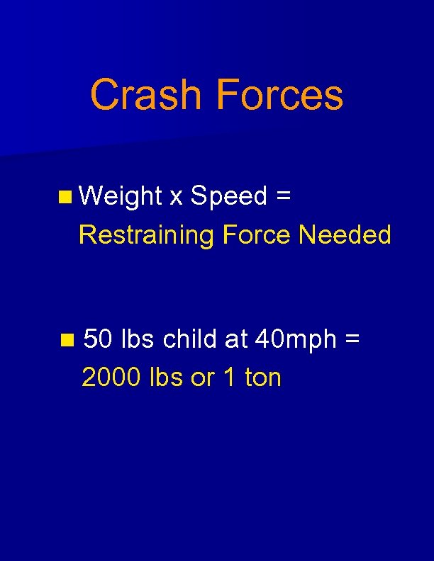 Crash Forces n Weight x Speed = Restraining Force Needed n 50 lbs child