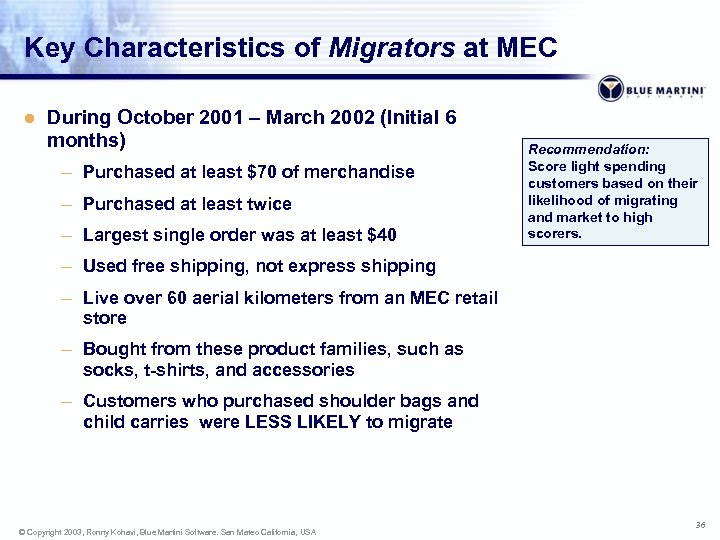 Key Characteristics of Migrators at MEC l During October 2001 – March 2002 (Initial