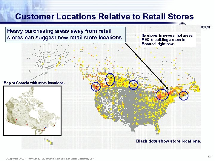 Customer Locations Relative to Retail Stores Heavy purchasing areas away from retail stores can