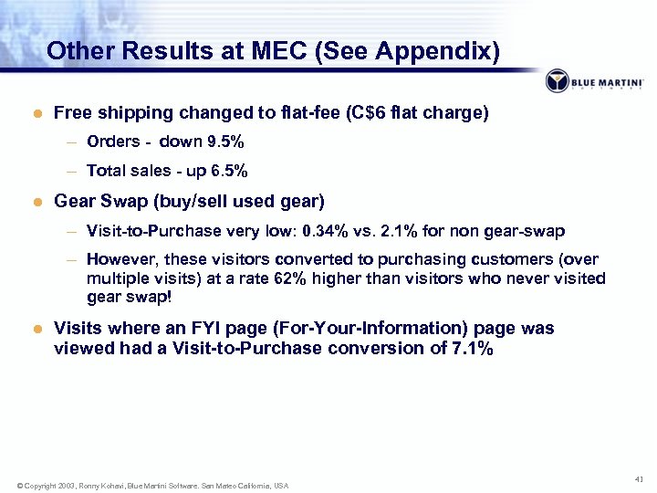 Other Results at MEC (See Appendix) l Free shipping changed to flat-fee (C$6 flat