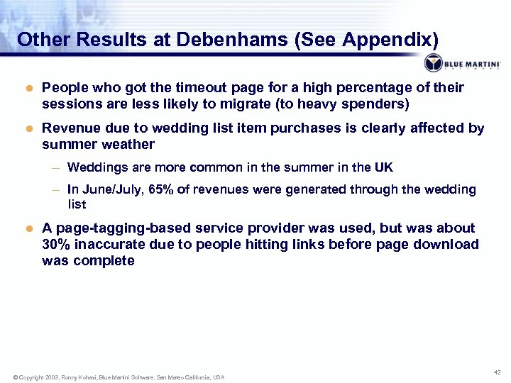 Other Results at Debenhams (See Appendix) l People who got the timeout page for