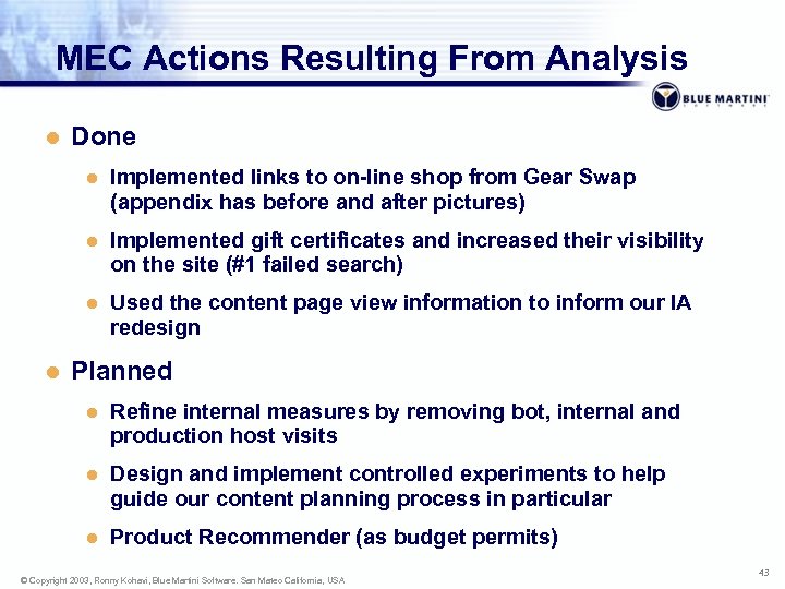 MEC Actions Resulting From Analysis l Done l l Implemented gift certificates and increased