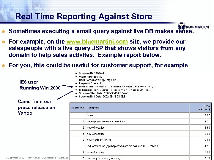 Real Time Reporting Against Store l Sometimes executing a small query against live DB