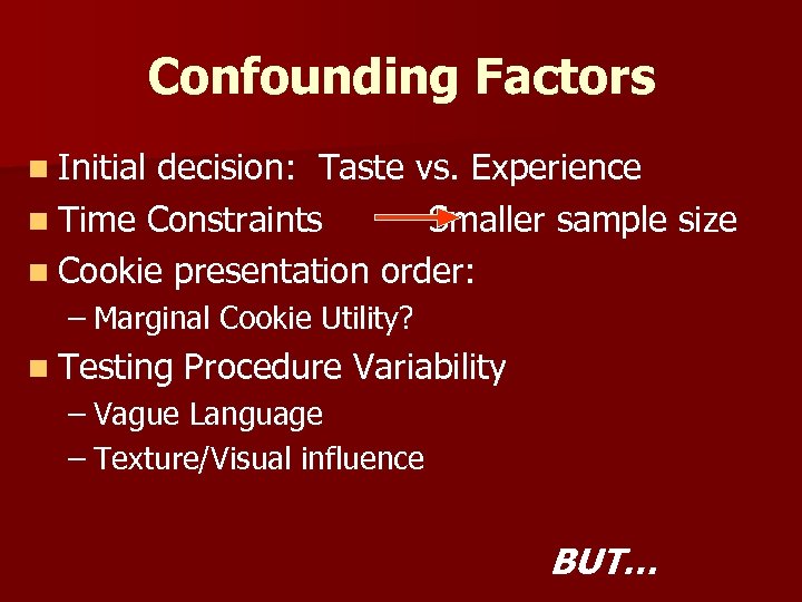 Confounding Factors n Initial decision: Taste vs. Experience n Time Constraints Smaller sample size