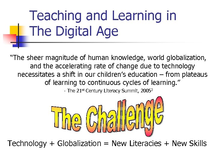 Teaching and Learning in The Digital Age “The sheer magnitude of human knowledge, world