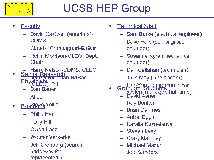 UCSB HEP Group • Faculty • • – David Caldwell (emeritus)CDMS – Claudio Campagnari-Ba.