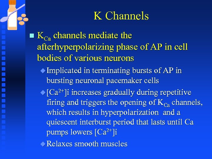 K Channels n KCa channels mediate the afterhyperpolarizing phase of AP in cell bodies