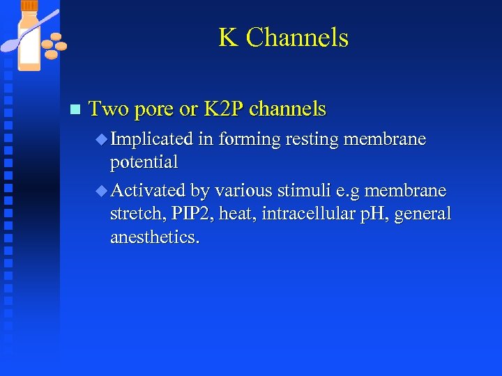 K Channels n Two pore or K 2 P channels u Implicated in forming
