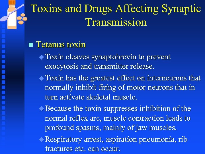 Toxins and Drugs Affecting Synaptic Transmission n Tetanus toxin u Toxin cleaves synaptobrevin to