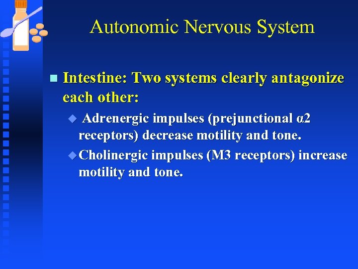 Autonomic Nervous System n Intestine: Two systems clearly antagonize each other: Adrenergic impulses (prejunctional