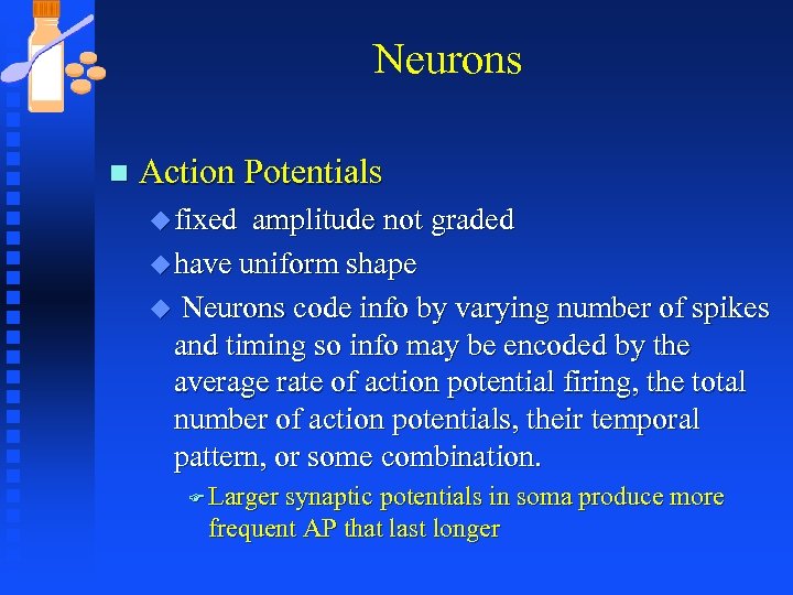 Neurons n Action Potentials u fixed amplitude not graded u have uniform shape u